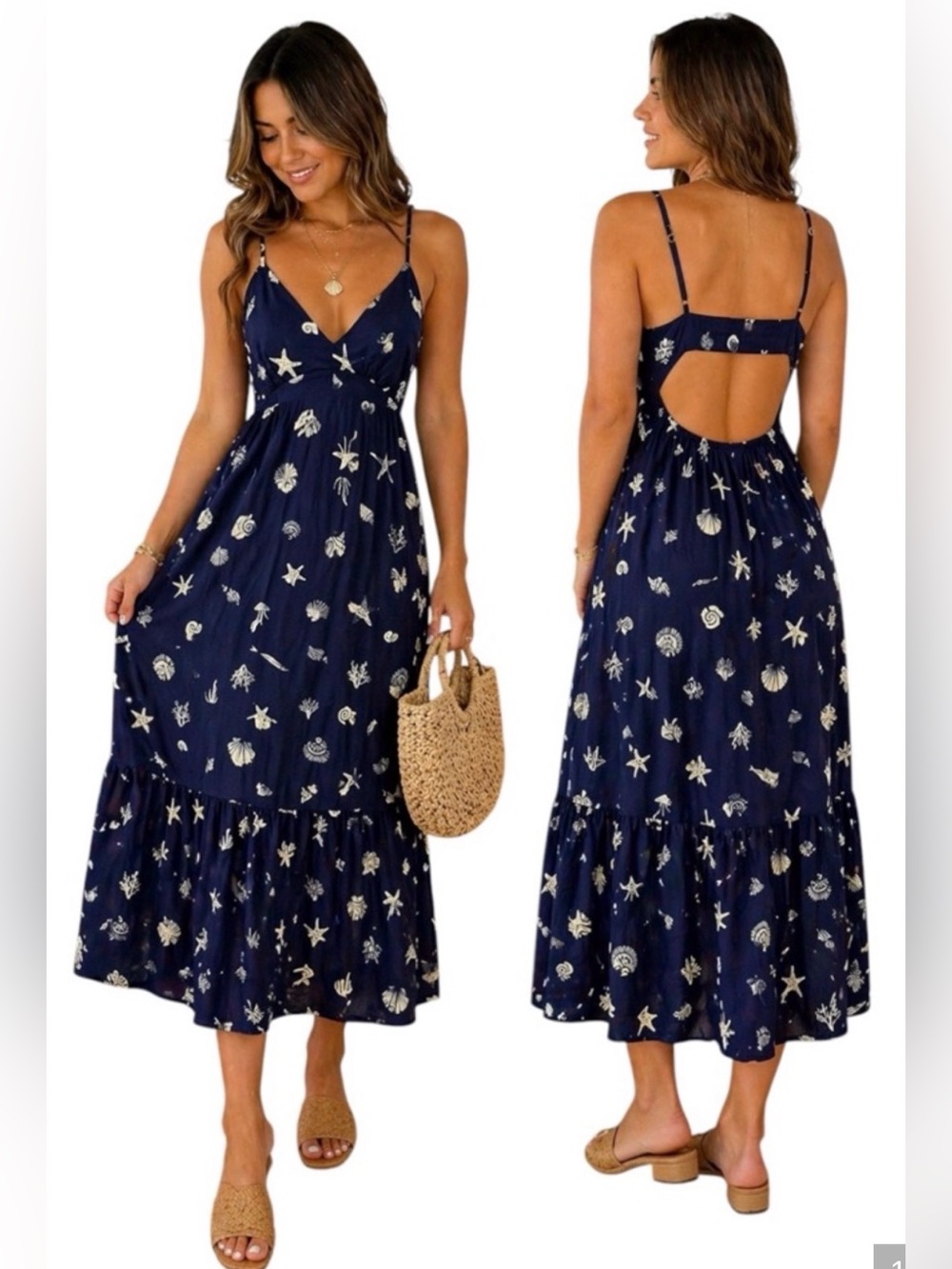 A New Day Open Back Coastal Seashell Navy Maxi Dress Sz Med Summer 4th of July
